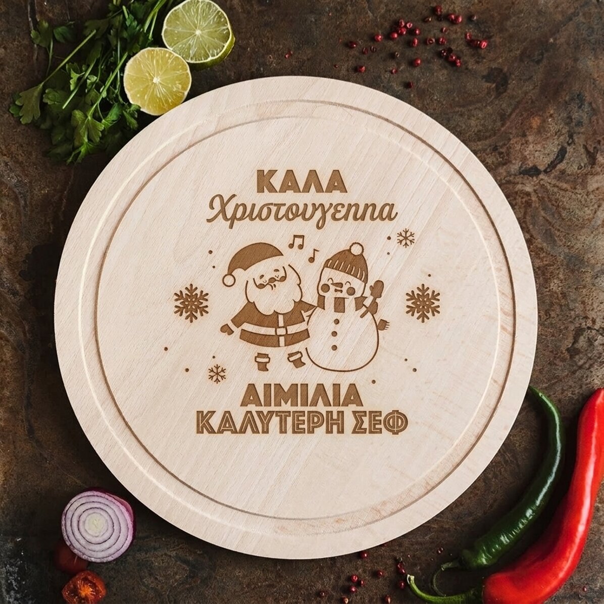 Προσαρμοσμένο στρογγυλό ξύλο κοπής - Santa & The Snowman