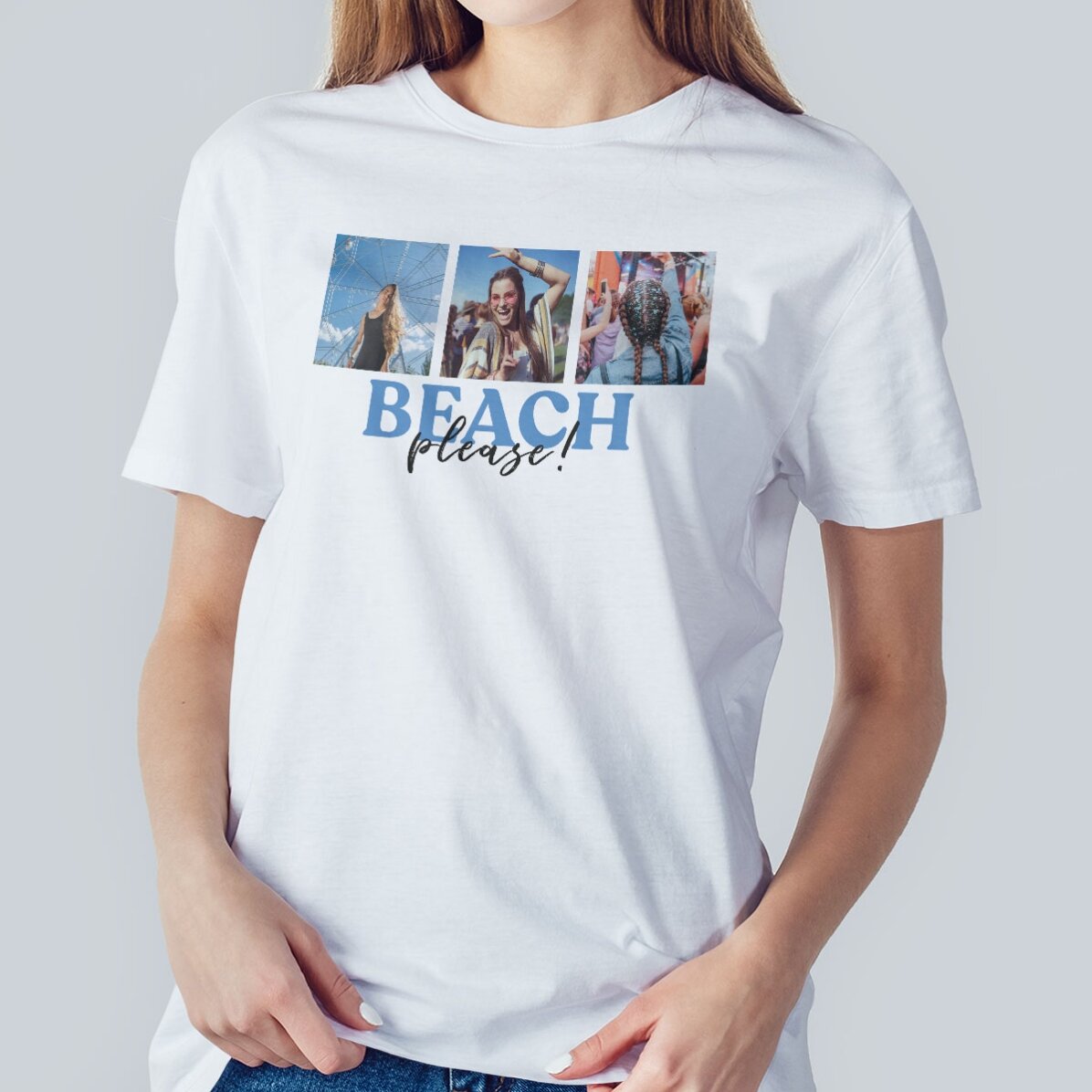 Personalised cotton T-shirt with 3 photos and message - Beach, please!