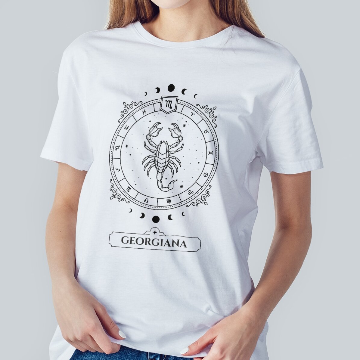 Customised cotton T-shirt with name and zodiac sign - Scorpio