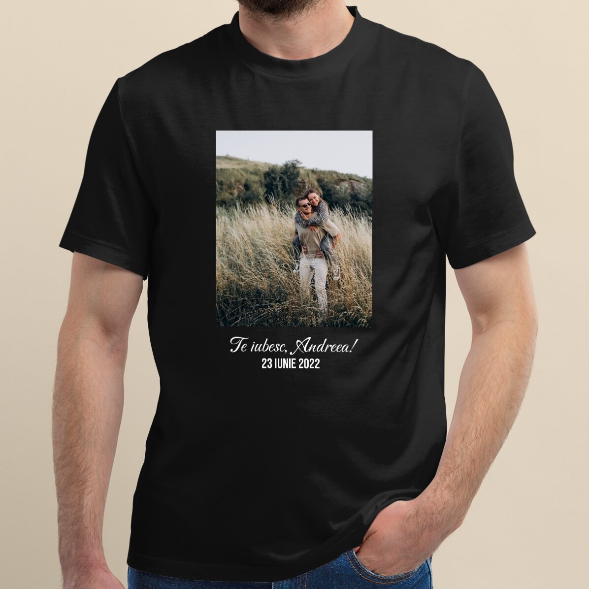 Custom cotton T-shirt with a portrait photo and text