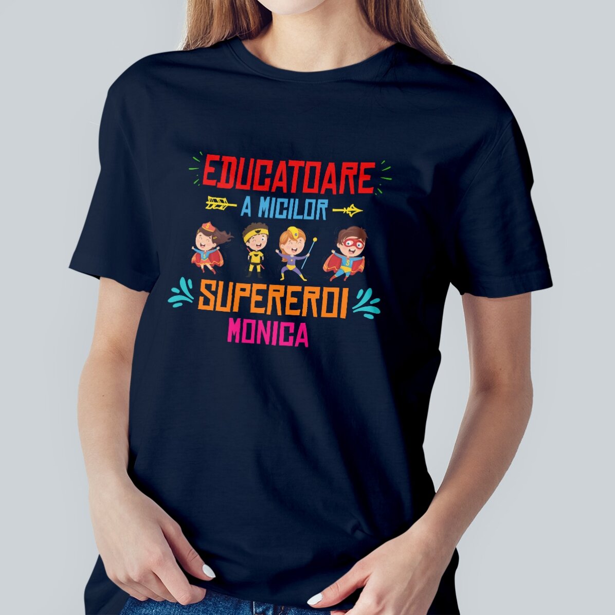 Customised cotton T-shirt with text - Educator of little superheroes