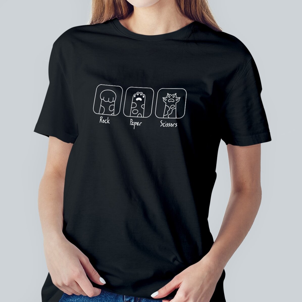 Custom cotton T-shirt with text - Rock, paper, scissors