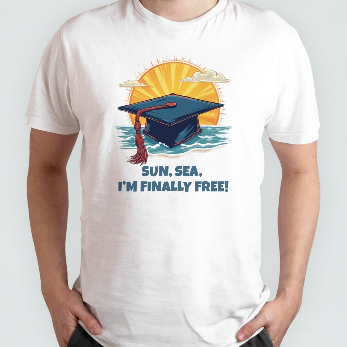Custom cotton T-shirt with text - Sun, sea, finally free